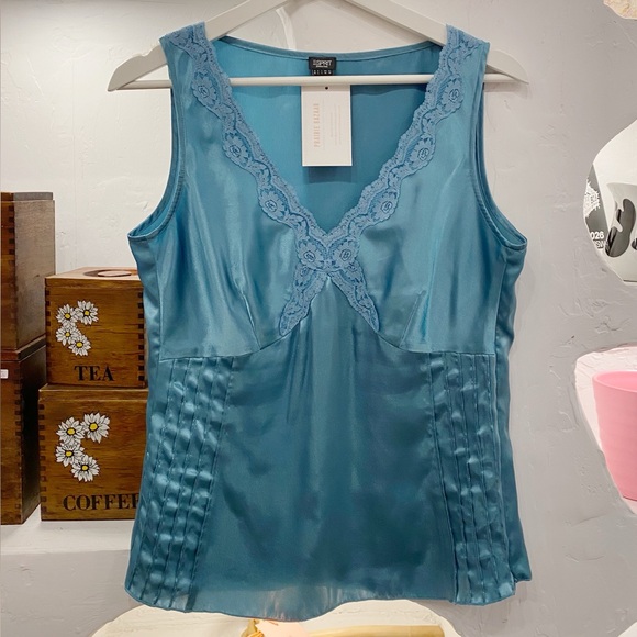 Vintage Blue Esprit Satin Cami with Lace Detail and Pintuck Pleated Sides - Picture 5 of 6